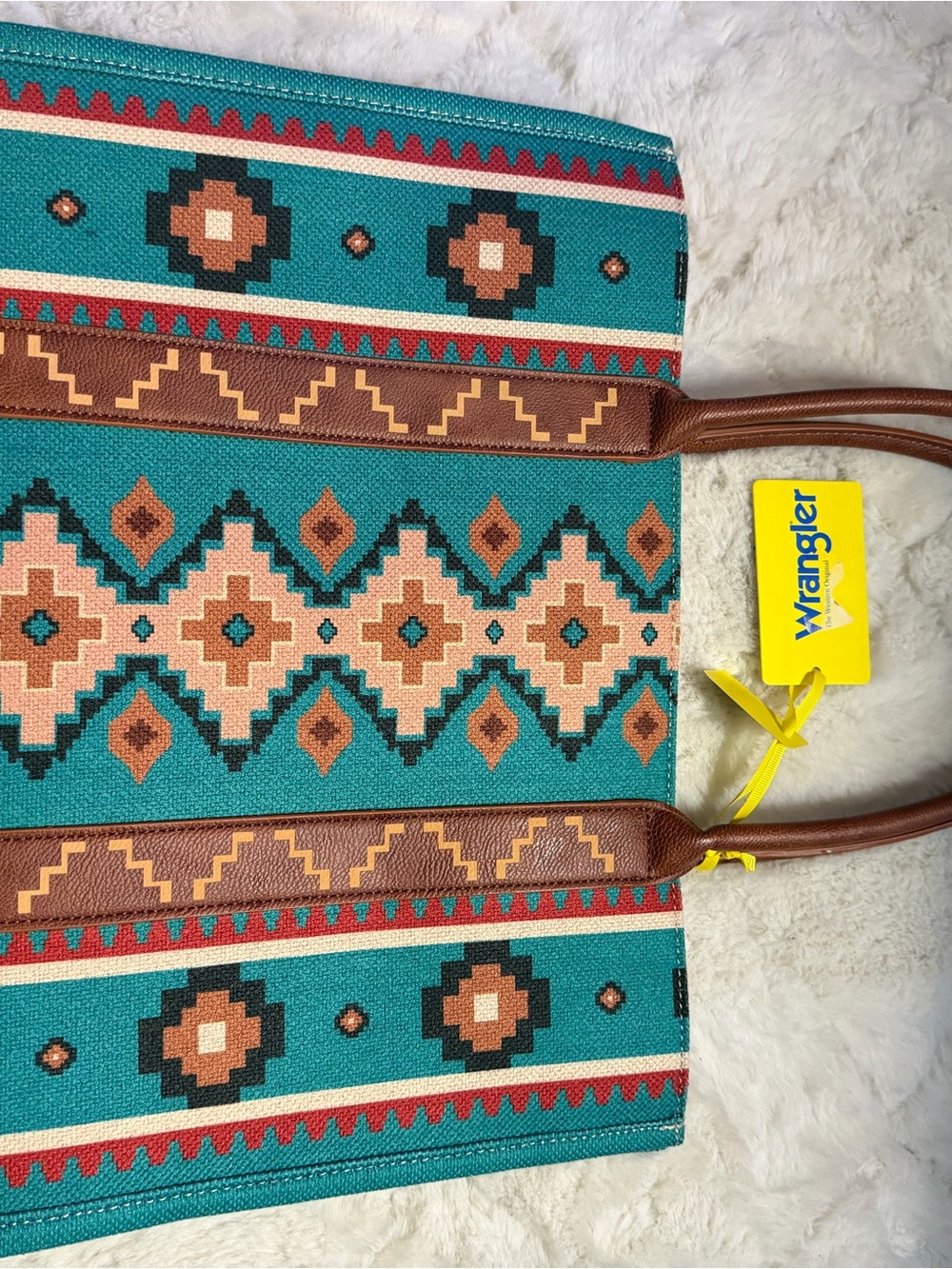 Wrangler Teal Aztec Pattern Tote with Brown Trim
